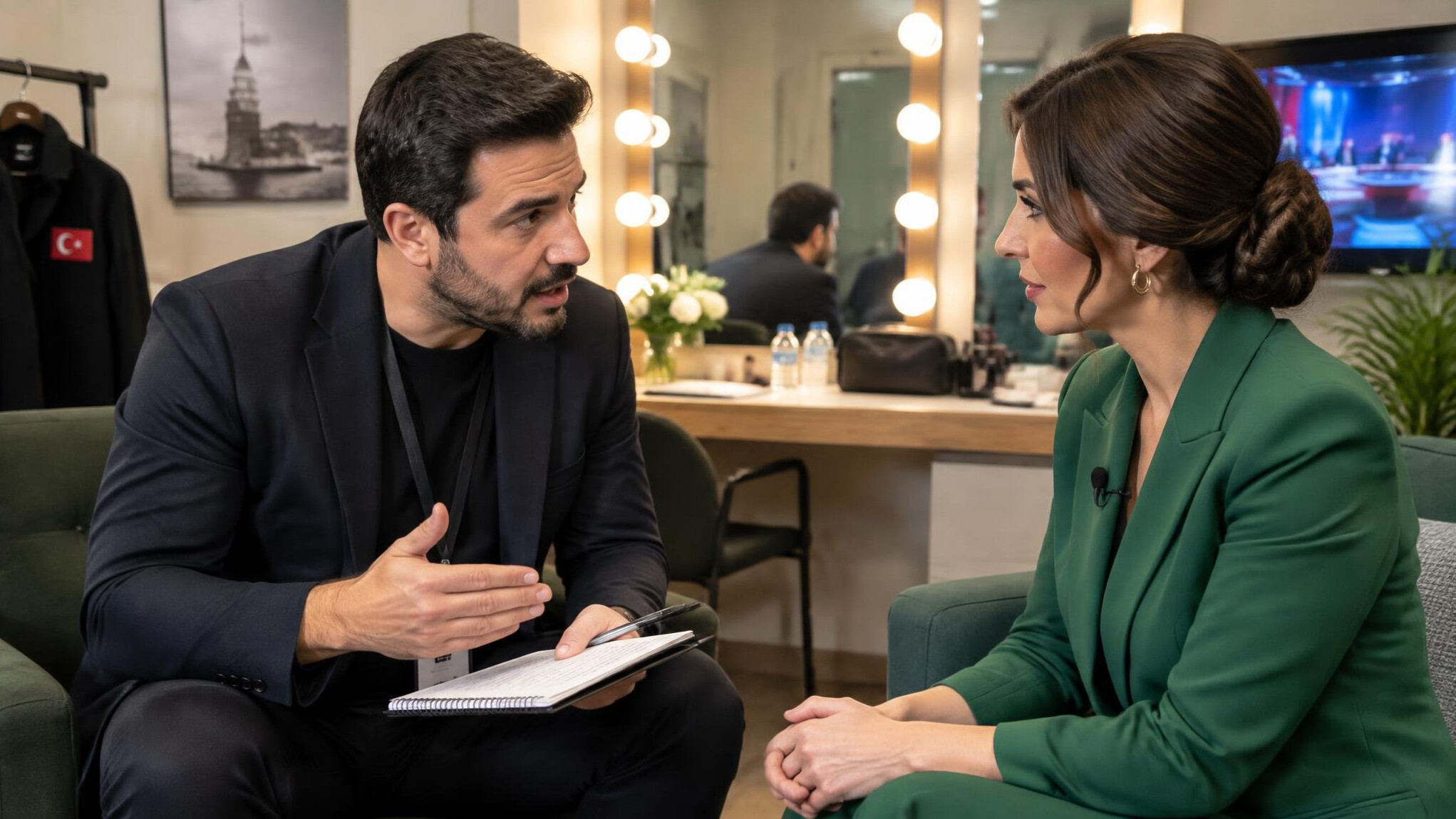 Coach preparing a guest before appearing on a live TV panel