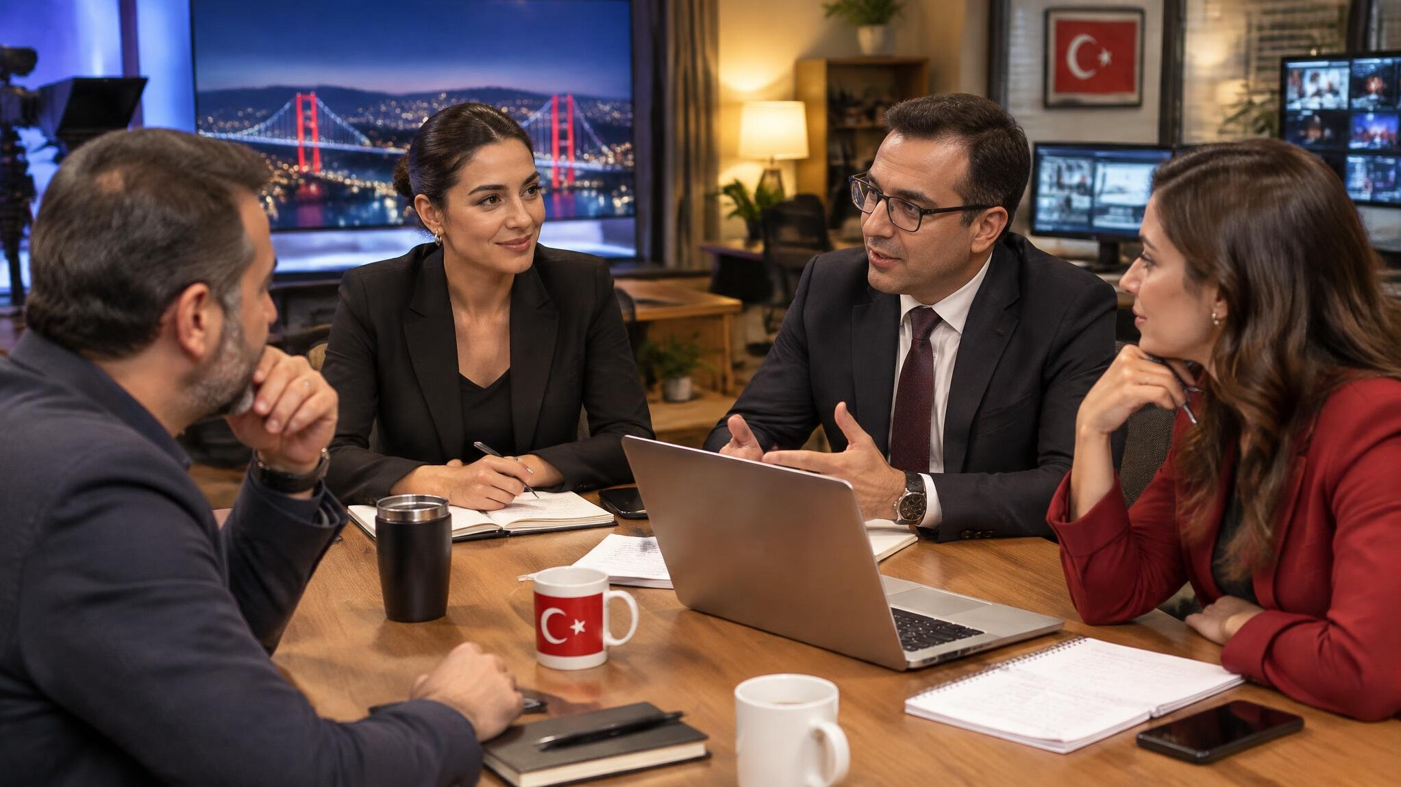 Broadcast team debriefing after a live show in a meeting room