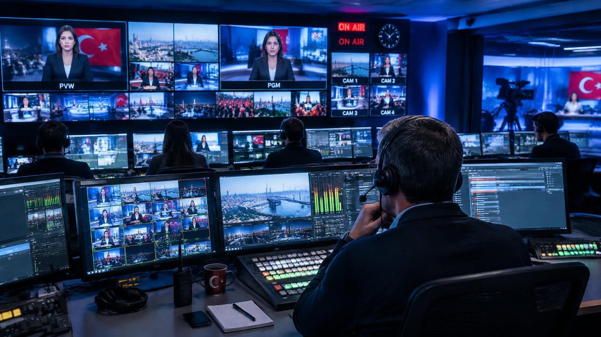 TV control room with multiple broadcast monitors during a live show