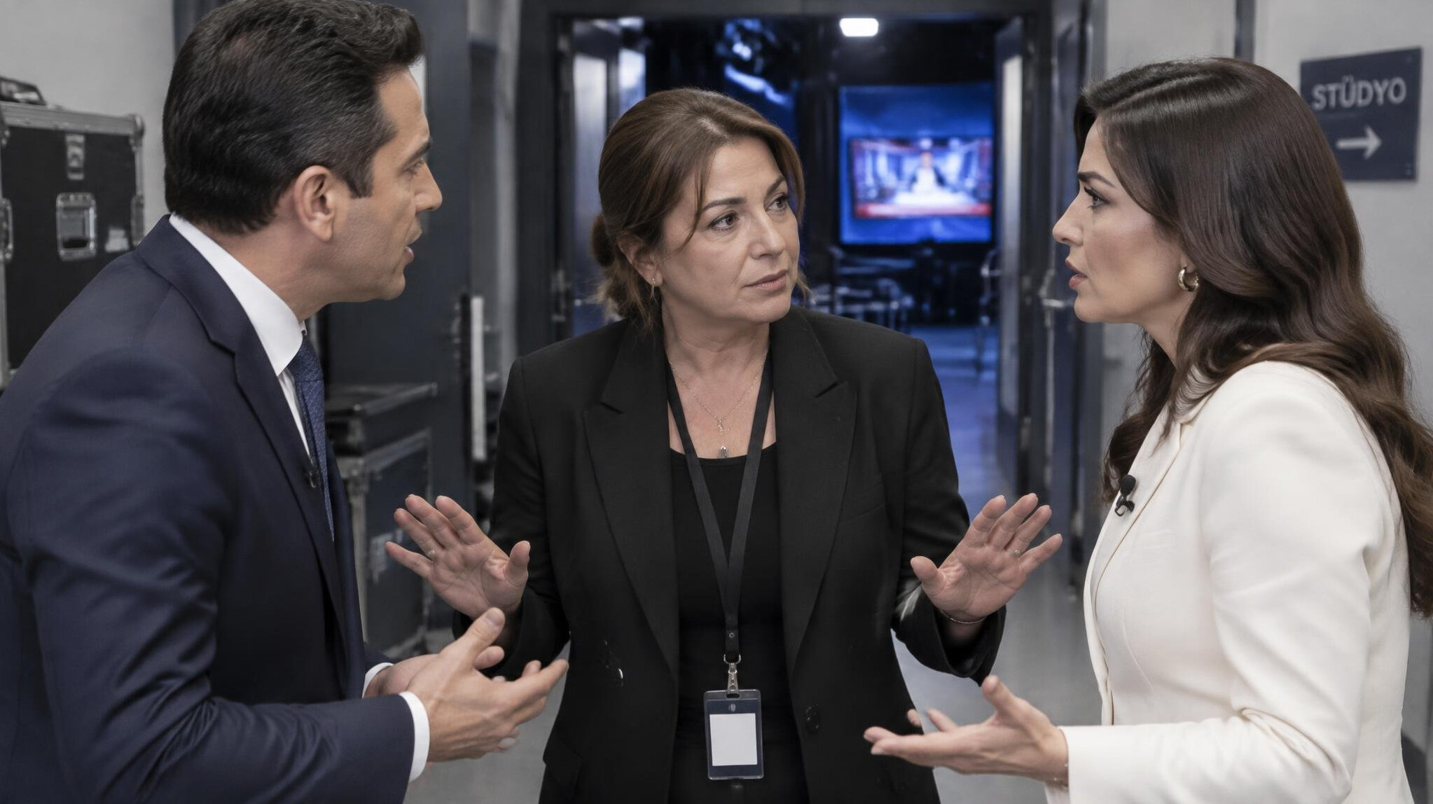 Producer mediating a disagreement backstage at a TV studio